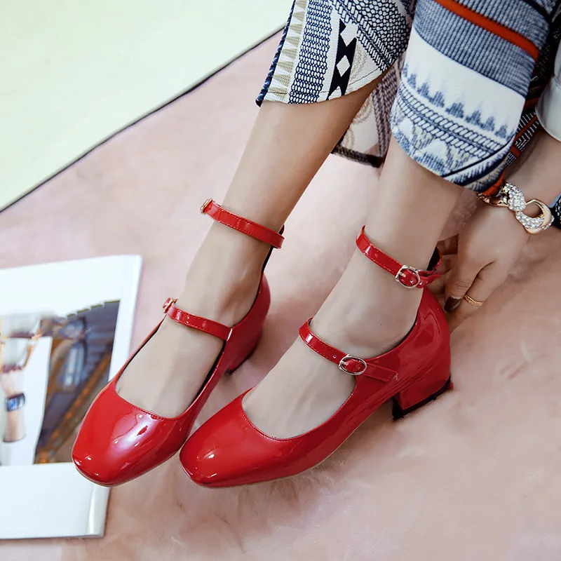 Туфли лодочки YMECHIC женские на массивном каблуке лакированные туфли с ремешком