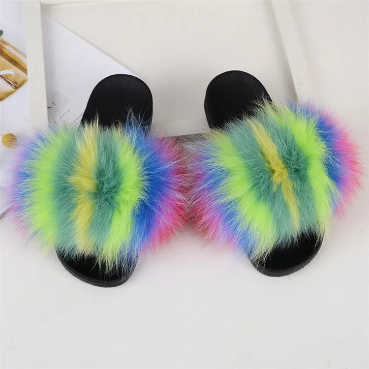 Women Fox Fur Slippers Real Fox Fur Slides Lovely Plush Slippers Woman Summer Home Sandals Women Fur Slides Furry Flip Flops Hot - Цвет: as pic shows 22