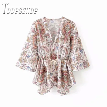

2019 Ethnic Flower Print Women Blouse V Neck Waist Strap Fashion Female Blouses