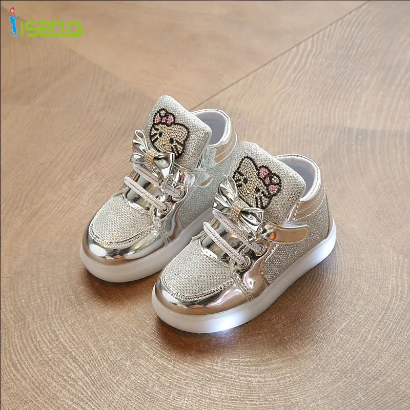 Children Shoes New Spring Hello Kitty Rhinestone Led Shoes Girls Princess Cute Casual Shoes with Light SH19044