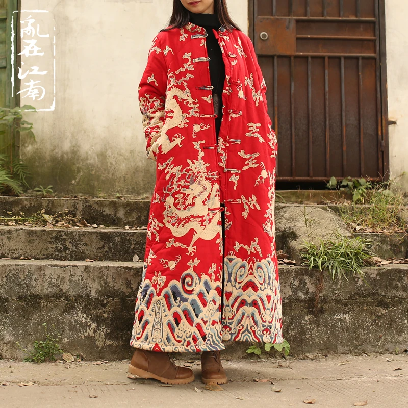 

LZJN Traditional Chinese Clothing Women Winter Coats Long Trench Coat Cotton Padded Windbreaker Outerwear Abrigos Mujer Jaqueta