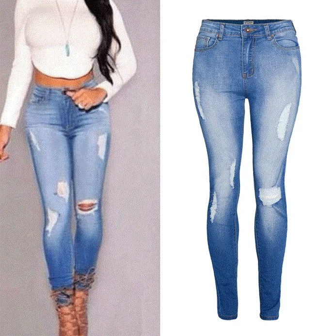 Новые модные джинсы с высокой талией, обтягивающие женские рваные Женские джинсы-стрейч джинсы стираного синего цвета, большие размеры