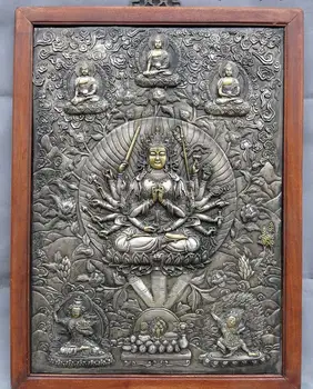 

30" Tibet handwork wood silver gild copper Five buddha 18 Hand Kwan-yin Thangka