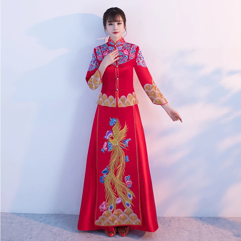 Королевский Феникс невесты торжественное платье Винтаж Дамы древних Cheongsam костюм китайский стиль традиционный брак Qipao тост одежда