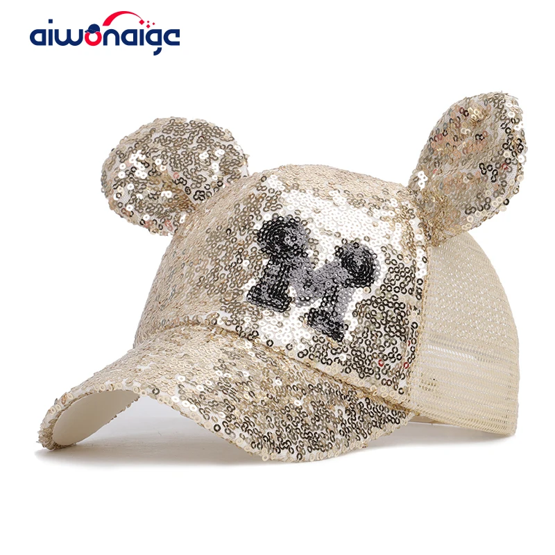 

Cute Mickey Sequin Children's Baseball Caps Boys Girls Universal Adjustable High Quality Outdoor Shade Summer Net hats mesh bone