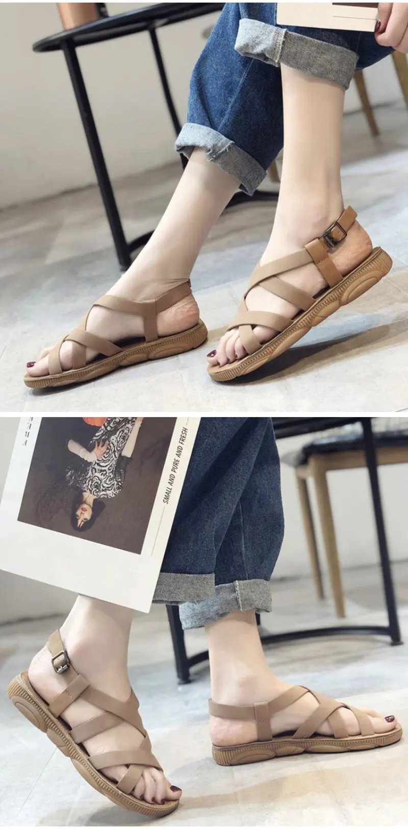 SJJH/Женские повседневные римские сандалии на плоской подошве с открытым носком и ремешком с пряжкой, удобная летняя обувь A1410