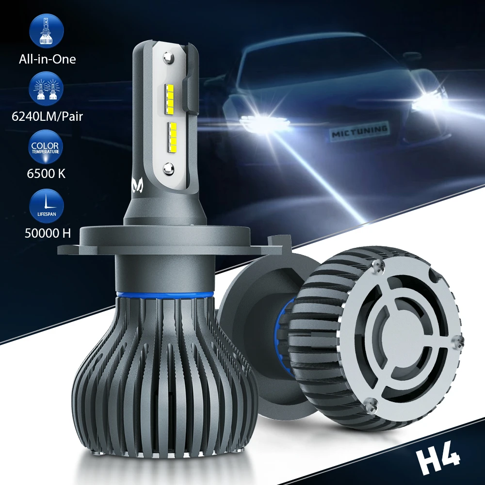 

MICTUNING Car LED Headlight Bulbs H4 Hi/Lo Beam All-in-One Conversion Kit 60W 6240LM 6500K Cool White 12V 24V Auto Led Headlamps