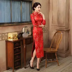 Красный китайский невесты Свадебная вечеринка платье Qipao сексуальное Для женщин атлас с длинным рукавом Cheongsam дракон феникс Vestidos размеры s m