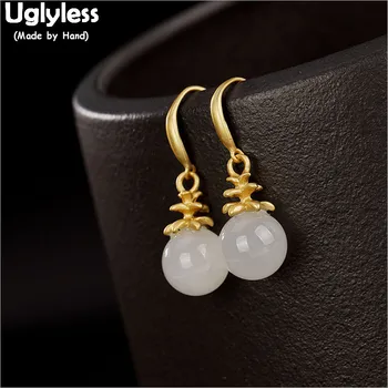 

Uglyless 100% Real 925 Sterling Silver Handmade Fine Jewelry for Women Nature Jade Balls Earrings Gemstones Dangle Earrings Gold