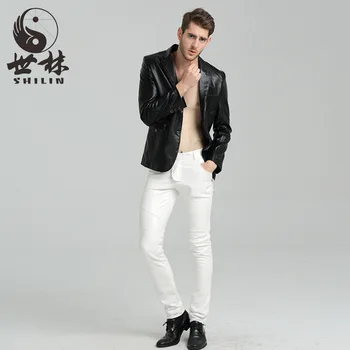 

2019 feet tight leather pants men's cultivate one's morality pants locomotive leather pants with velvet PU leather pants HO