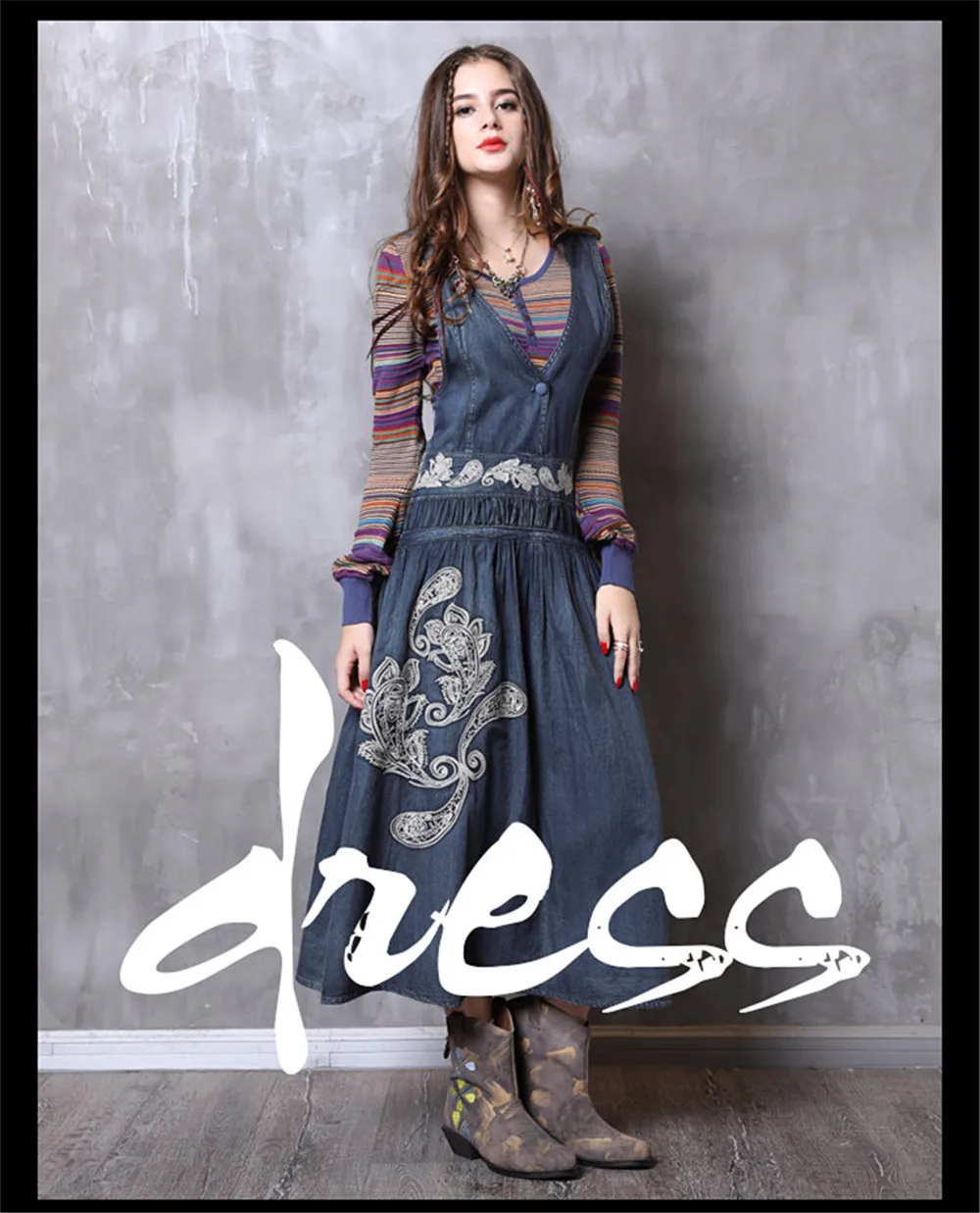 Vintage Hooded Dress Women 2018 New Arrival Denim Dresses Vintage Embroidery V-Neck Loose A-line Long Vestidos Femininas (1)