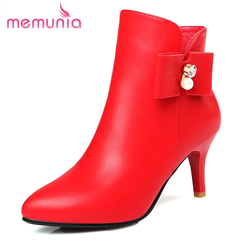 

MEMUNIA 2017 women autumn boots thin heels pointed toe ankle boots pu soft leather solid zip bowtie wedding party fashion boots