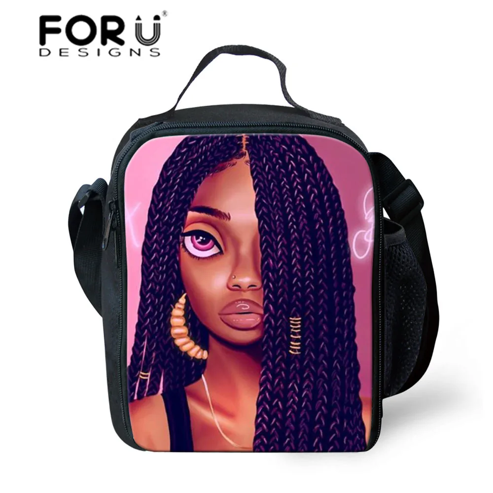 

FORUDESIGNS Thermal Lunch Bags for Kids Personalized Lunchbag Black Art African American Girls Lunch Bag Students Food Storage