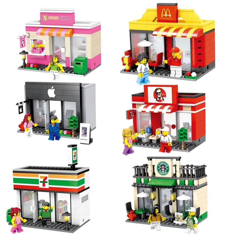 

2018 City Series Mini Street Model Store with Mini Toy Figure Waiter KFCE McDonald`s Building Block Compatible Lepins Bricks