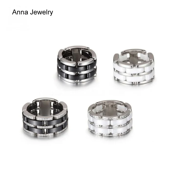 Роскошное очаровательное дизайнерское керамическое кольцо из нержавеющей стали с белым черным керамическим и ослепительно прозрачным циркониевым камнем кольцо