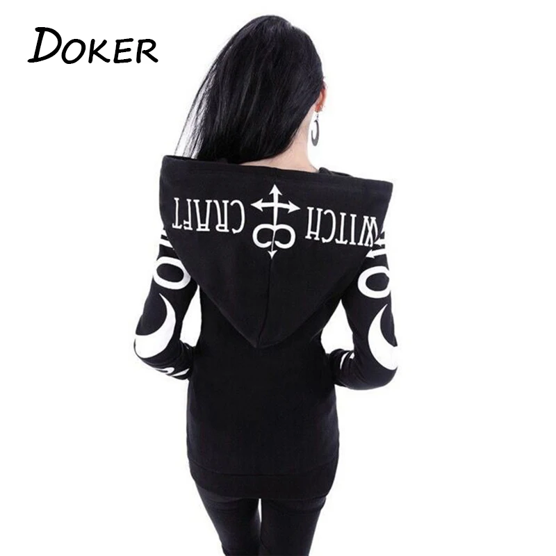  Women Hoodies Gothic Punk Moon Letter Print Sweatshirts 2018 Autumn Winter Long Sleeve Black Jacket