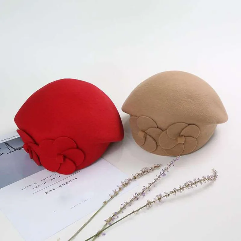 Flower French Trilby Wool Soft Stewardess Hat gorras planas New Fashion Women Beret Hat For Women Beanie Female Cap