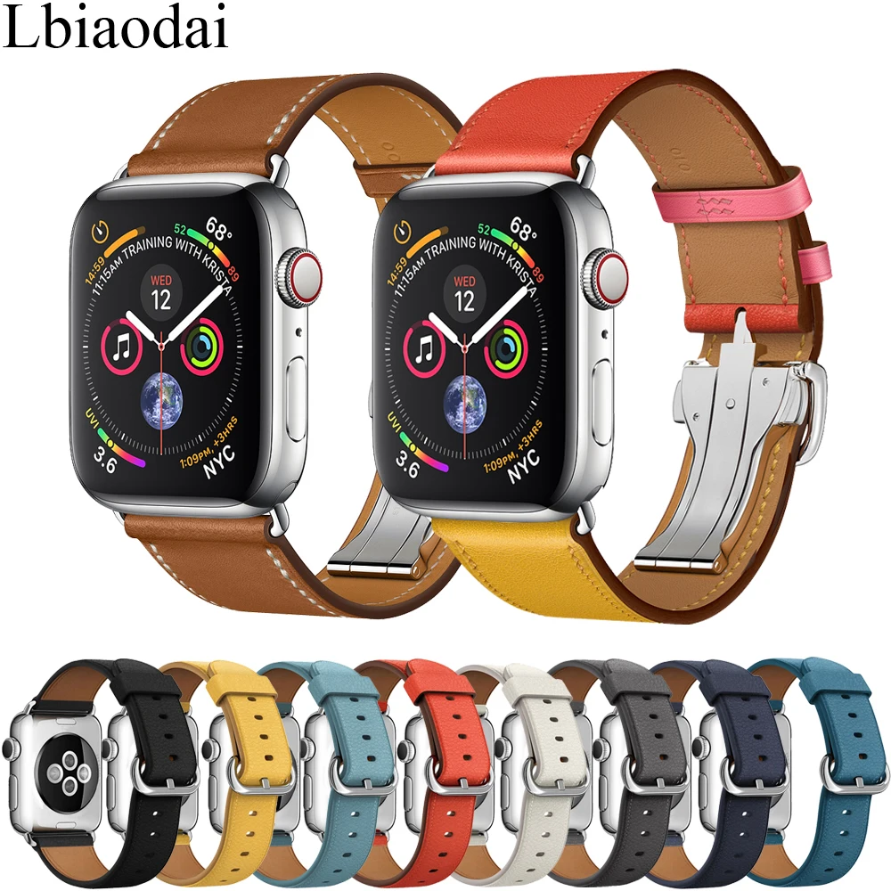 

Genuine Leather Strap For Apple Watch 4 3 2 1 band 44mm 42mm Iwatch 3 2 1 38mm 40mm Deployment Buckle Bracelet Wrist Watchband