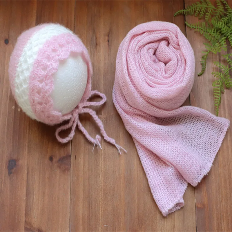 

Pink Stretch Knit Wrap Vintage Newborn Wraps Photo Props Baby Photography Swaddle Blanket Newborn Hat Bonnet Prop Stuffer Layer