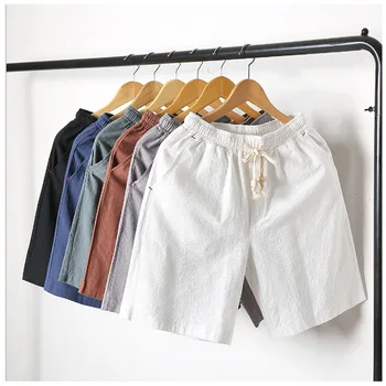 

Men's Shorts Solid Colors Drawstring Cotton Linen Loose Beach Summer Pants Plus Size High Waist Knee Length Shorts With Pockets