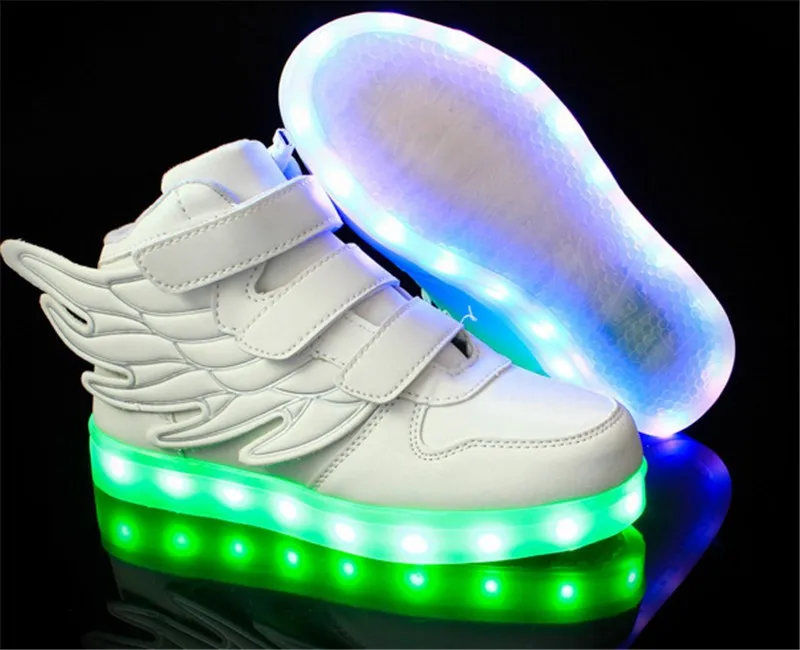 Детские светящиеся кроссовки с usb-зарядкой для мальчиков и девочек; светящаяся обувь из искусственной кожи с крылышками для детей; Размеры 25-37