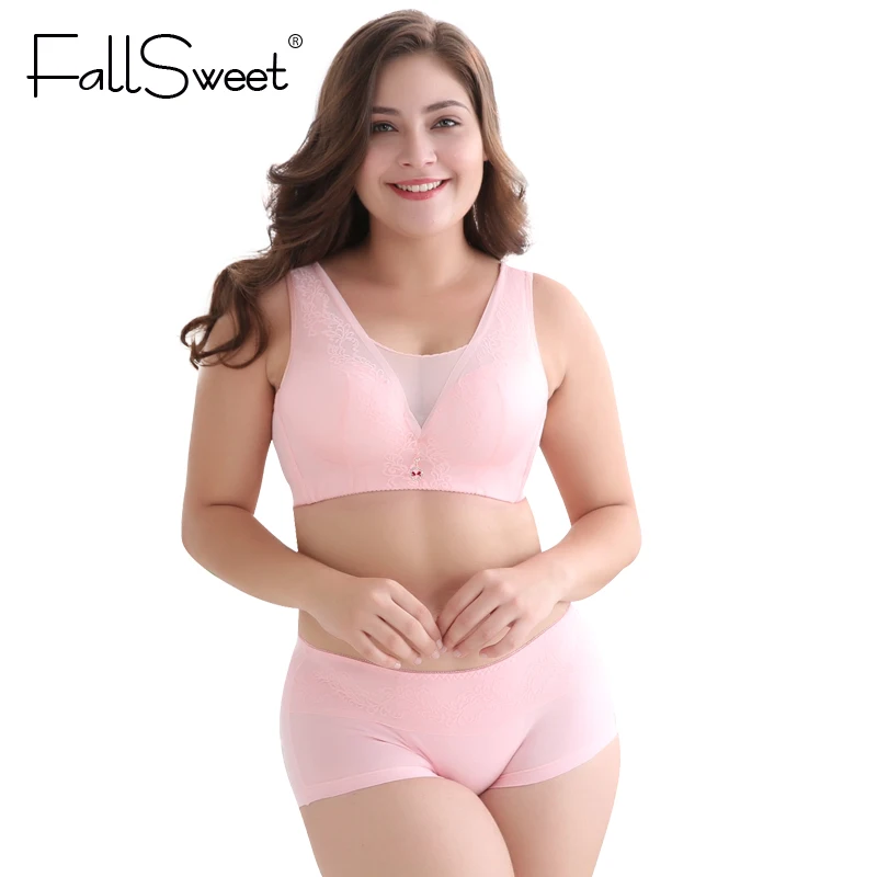 FallSweet No Wire Bra Set for Women Full Coverage Vest Brassiere Set with Panties Briefs C D cup L XL XXL
