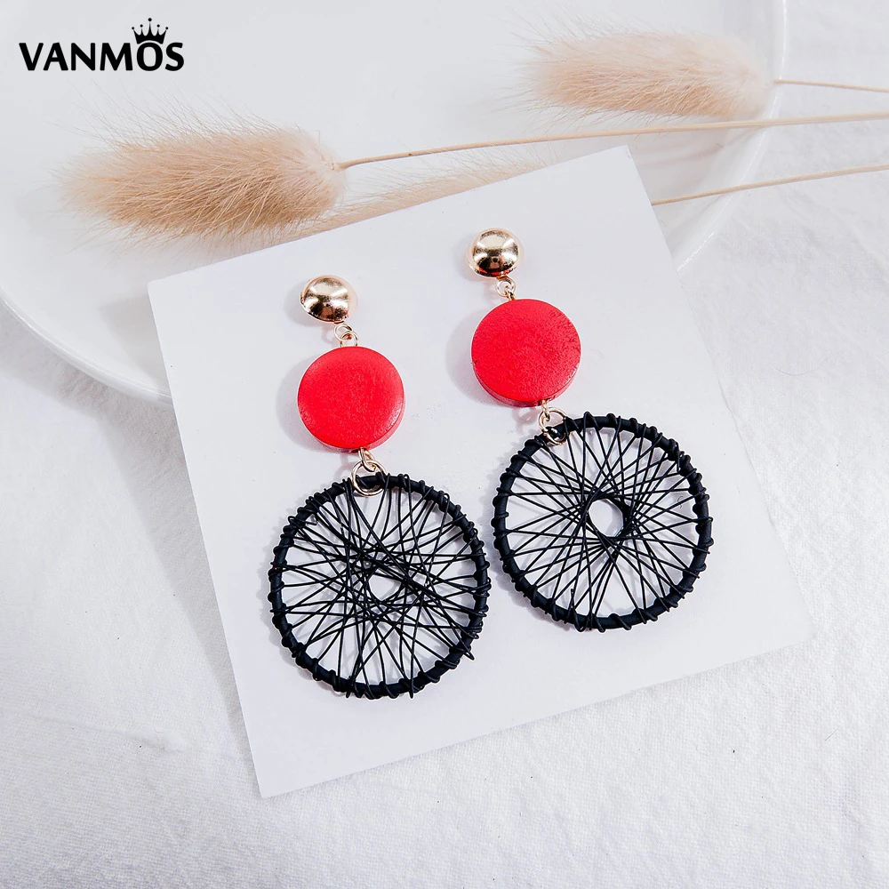 Vanmos Korean Weaving Circle Dangle Earrings Jewelry for Women Handmade Big Round Drop Earrings Brincos Gift