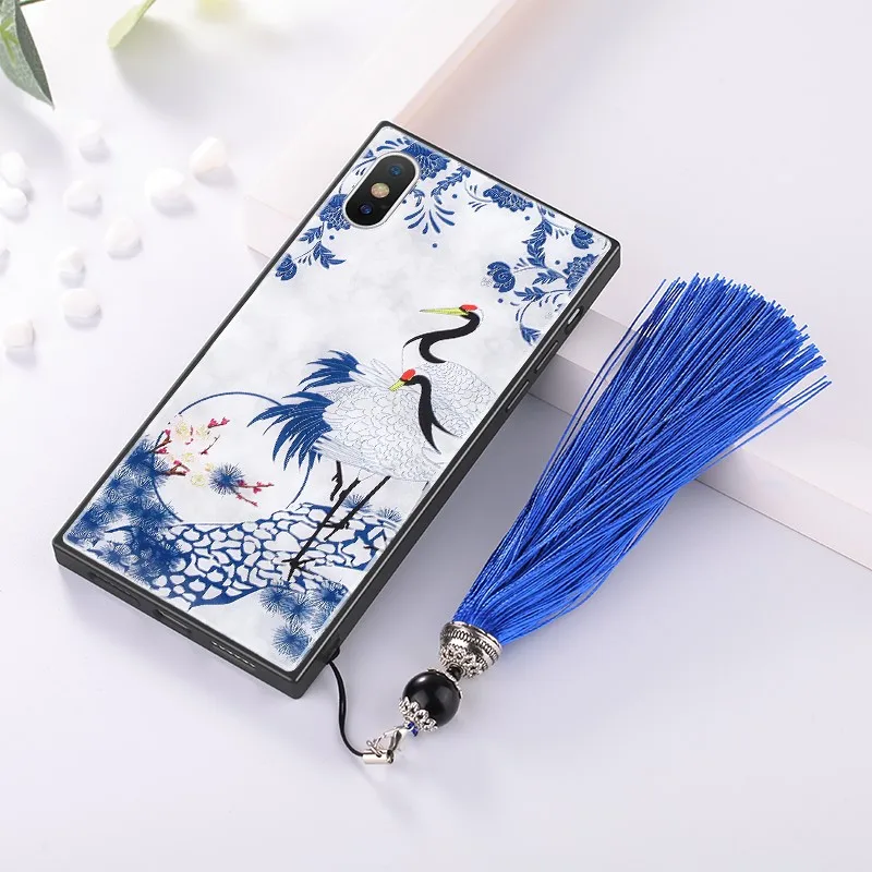 FTAIDKJ китайский стиль синий и белый фарфоровый мраморный чехол для iPhone X 10 7 8 Plus 6 6S Plus роскошное квадратное закаленное стекло крышка