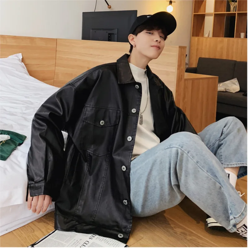 

Men's jacket 2019 summer new slim leather jacket jacket outside wearing a solid color loose casual personality young men's wear