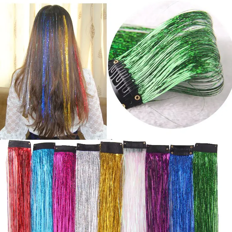 HOT! Clips on Tinsel Hair Extension 10colors 45cm Sparkle Glitter