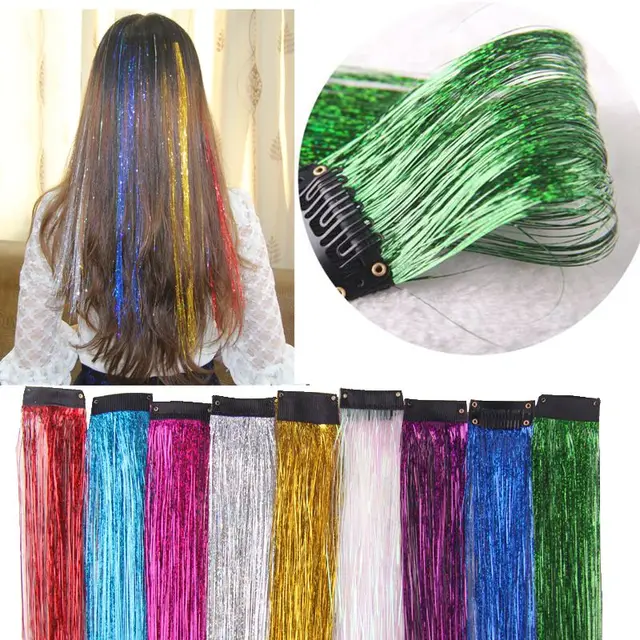 HOT! Clips on Tinsel Hair Extension 10colors 45cm Sparkle Glitter