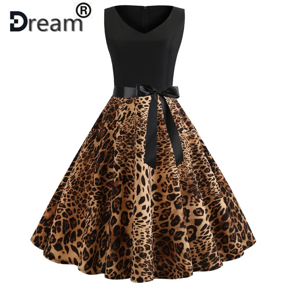 

Sexy Party Leopard Print Sleeveless Summer Dress Women Casual Chic Midi Dresses 50s 60s Vintage Rockabilly Dress Robe Plus Size