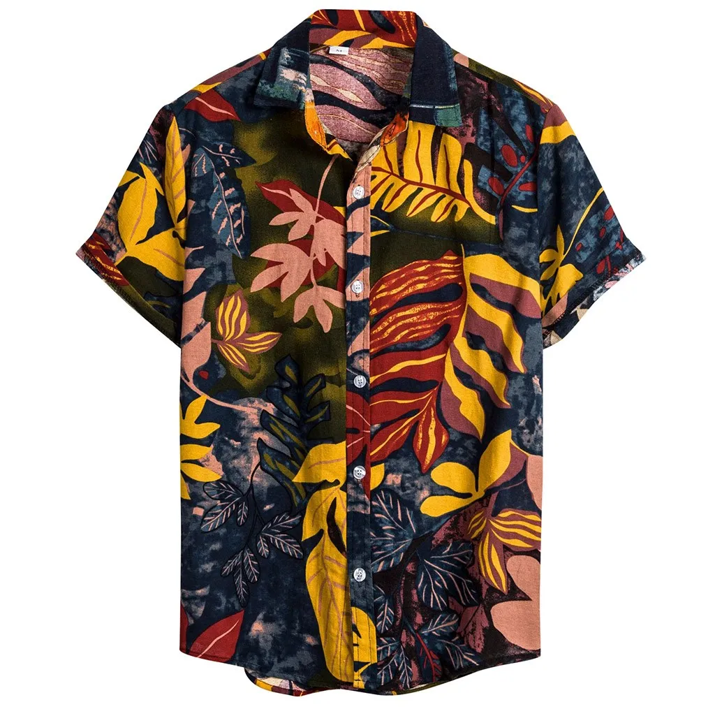 Мужская Этническая Повседневная рубашка с коротким рукавом из хлопка и льна, гавайская рубашка с принтом, модная мужская рубашка с коротким рукавом