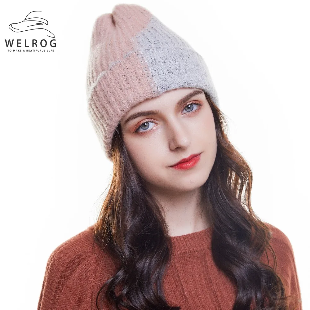 

WELROG Winter Hats for Women Patchwork Knitted Skullies Beanies Ladies Warm Soft Beanie Cap Girls Casual Cotton Thick Cap