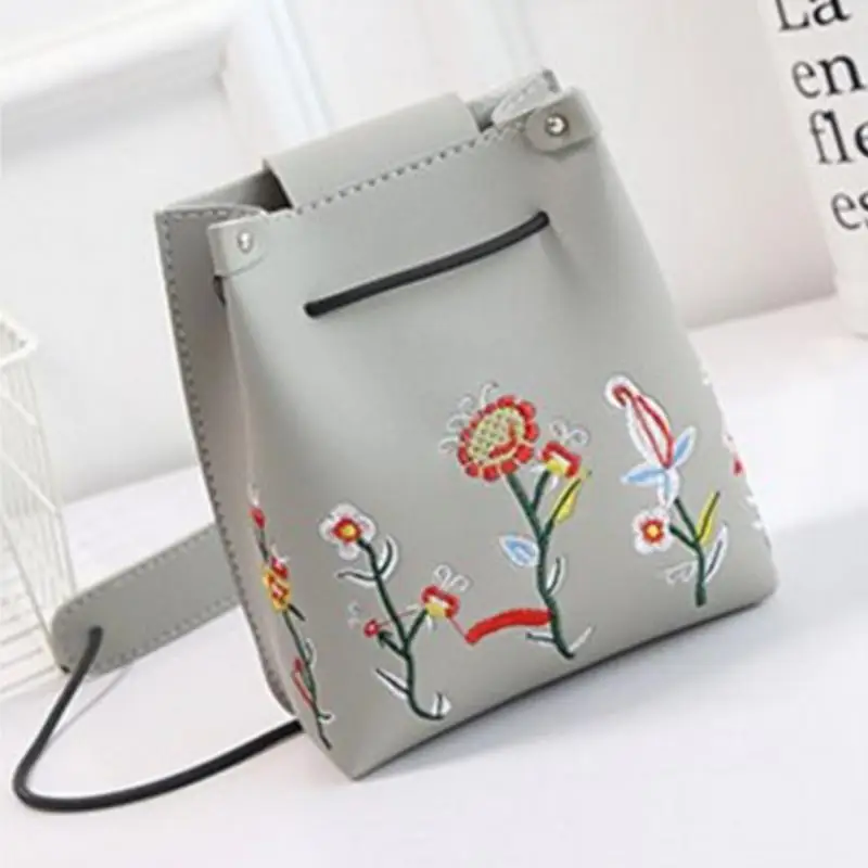 

Fashion Women Girls Embroidery PU Leather Messenger Bag Crossbody Shoulder Bag Mini Bucket Bag Bolsa Feminina Flower Pattern