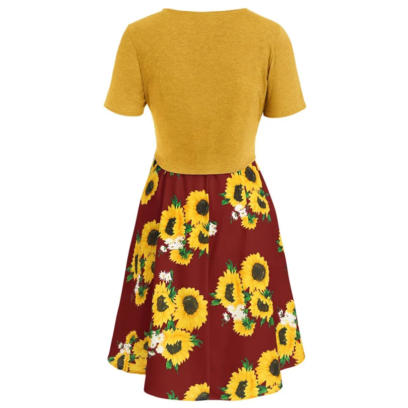 New Women Summer Sexy Short Sleeve Bow Knot Bandage Top Sunflower Print Mini Dress Suits Bohemian Casual Beach Dress #4A30 (11)