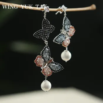 

wing yuk tak Vintage Luxury Zircon Butterfly Drop Earrings For Women Party Wedding Earrings