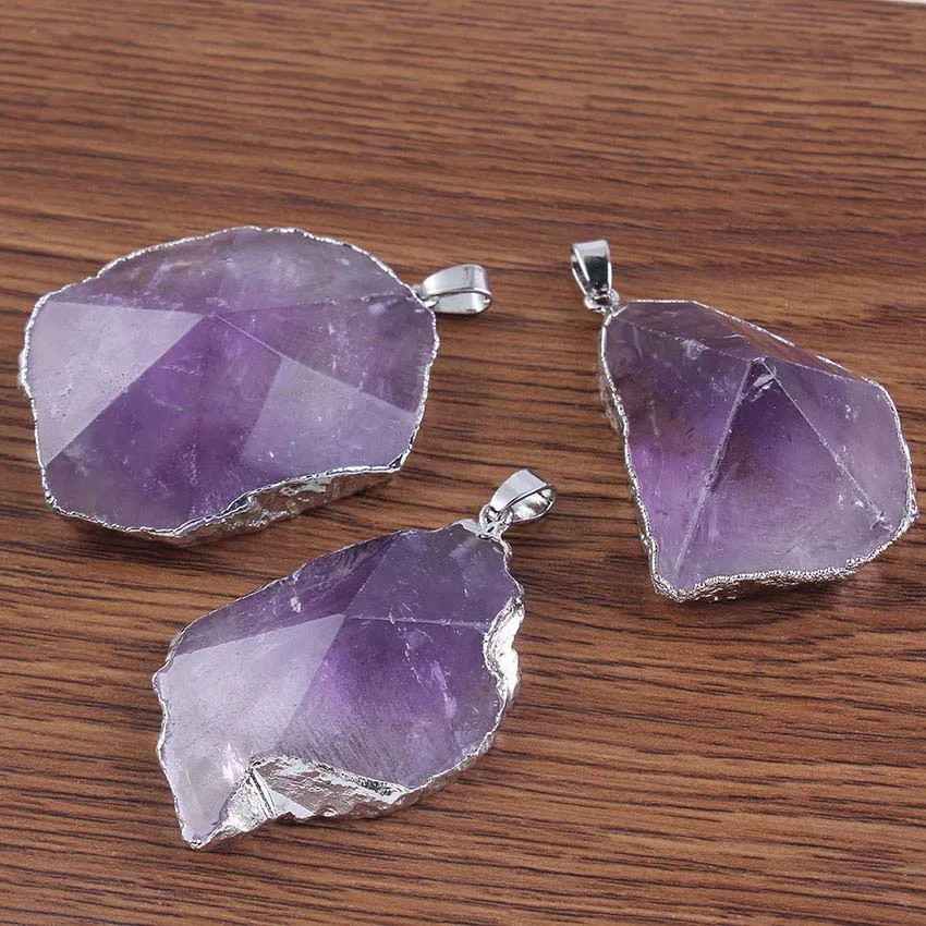 Natural Gnergy Gemstone~ Silver Plated Natural Healing Crystal Quartz Purple Irregular Shape Amethysts Rose Pink Quartz Rock Stone Pendant Jewelry 4 AA00206009004b