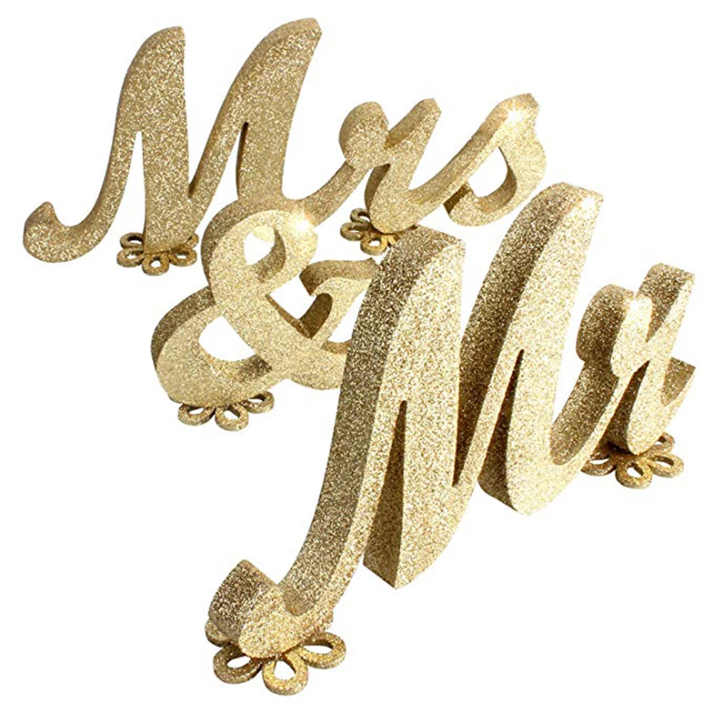 

3Pcs Golden Glitter Wooden Letters Sign Mr & Mrs Sweetheart Table Decorations For Wedding Photo Props Party Supplies Home Decor