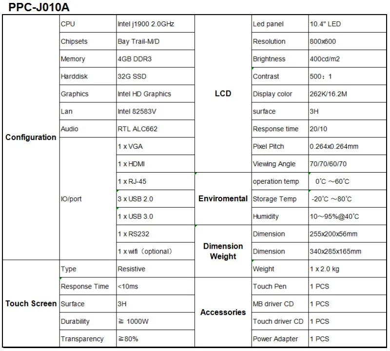 10,4 "Мини встраиваемые Панель ПК Intel j1900 2,0 ГГц с RS232/4USB все в одном ПК 4G + 32 ГБ сенсорный экран mini pc 800x600