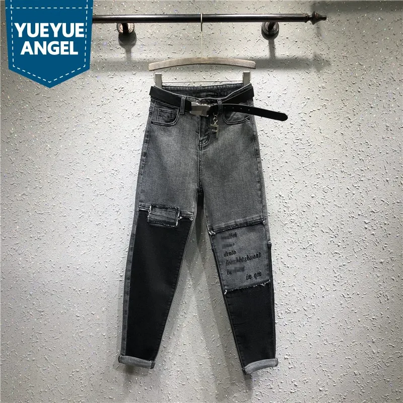 Azul Pantalones Vaqueros De Europea Bordado Gris Harem Loose 2019 blue Mujer Denim Hop Hip Verano Gray Patchwork Carta wUUq6Bt