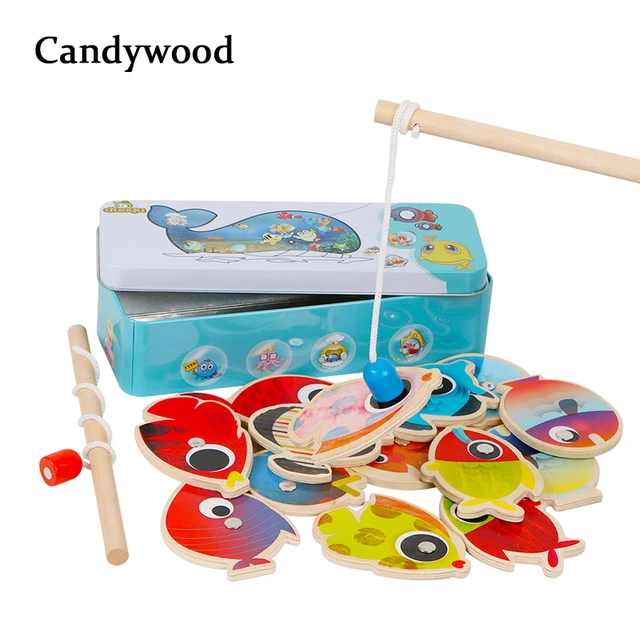 14 Fishes + 2 Fishing Rods Wooden Children Toys Fish Magnetic