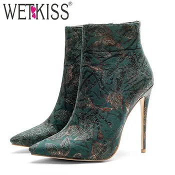 

WETKISS Super High Heels Women Boots Pointed Toe Flock Bootie Warm Female Party Shoes High Neck Printing Footwear Big Size 33-43