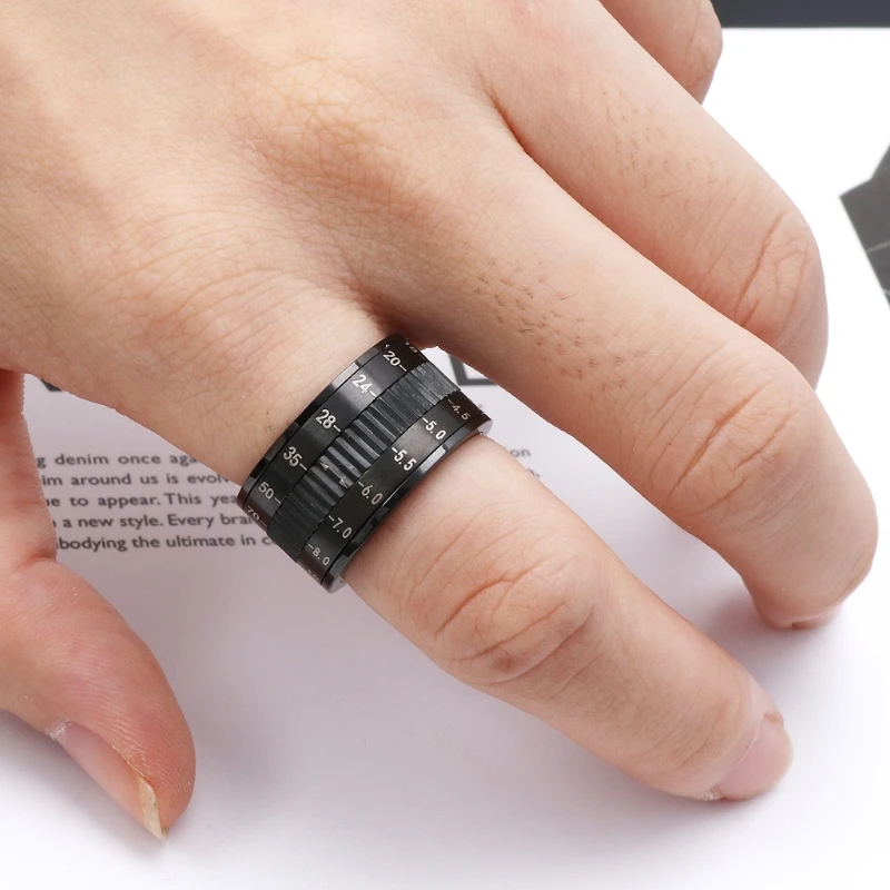 

Hot Sale Stainless Steel Black Plated Rotate Camera Men Ring Telephoto Lens Design Spinner Rings for Men Fashion Jewelry