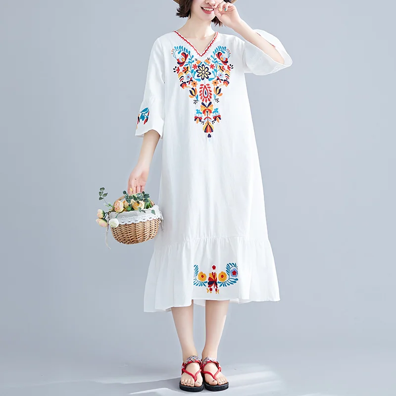 

vestidos de festa PLUS SIZE DRESS women summer Mexico style original ethnic design v neck navy blue red white embroidery dress