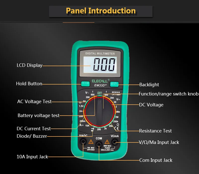 Мультиметр ELECALL 3 1/2 EM33D+ AC/DC 600 в зеленая Защитная крышка подсветка Удержание данных тестер напряжения батареи защита от перегрузки