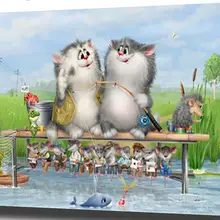 Пользовательские Алмазная картина Полная площадь/круглый мультфильм кошка Рыбалка пейзаж eigen foto Алмазная вышивка аксессуары eid box ima