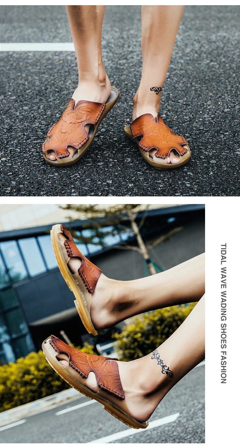 Летние дышащие мужские сандалии; Повседневные тапочки из мягкой кожи; удобные мужские тапки на плоской подошве; пляжные сандалии в римском стиле