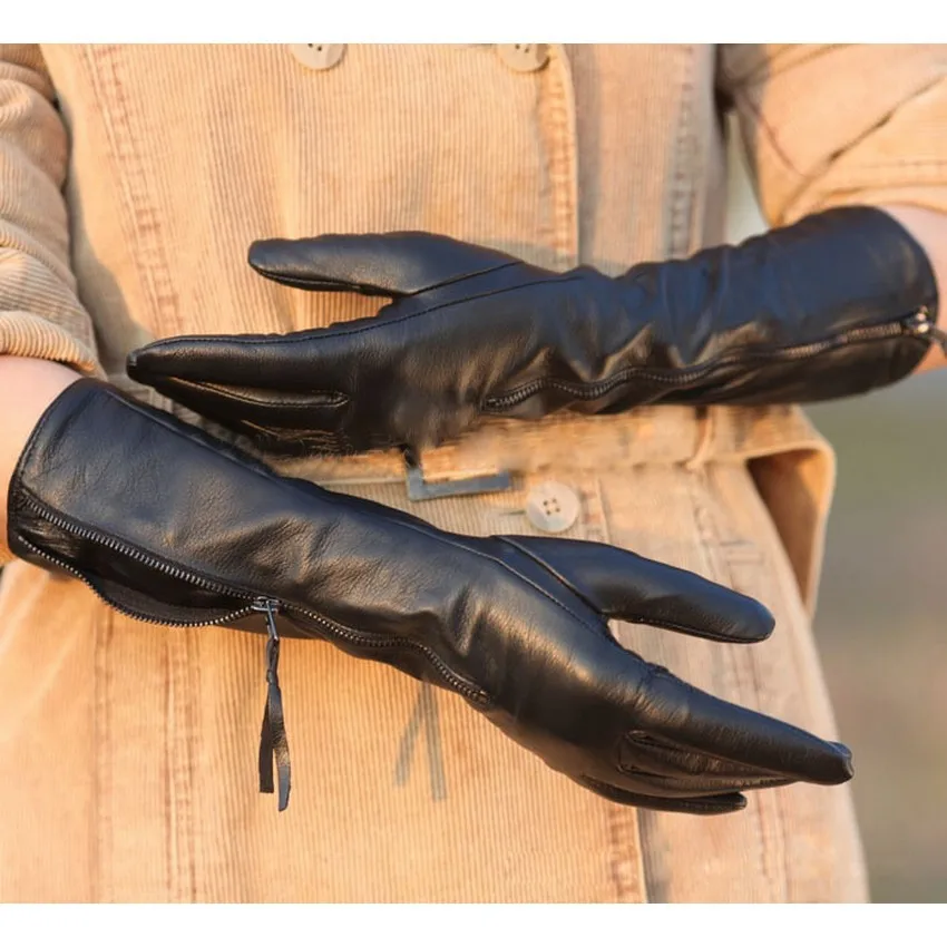 US $29.13 2021 Winter Solid Black Leather Women Gloves With Zipper Fashion Sheepskin Glove Warm Thermal Free Shipping L031nq