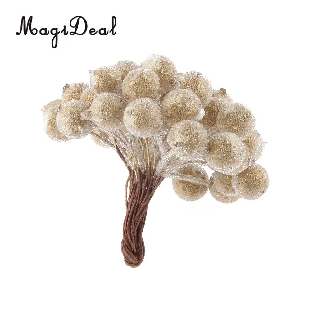 MagiDeal 200 pcs Mini Artificial Frosted Berries Christmas Frosted Fake Fruit Berry Holly Artificial Plant Decor Gold
